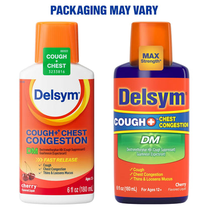 Delsym Max Strength DM Cough + Chest Congestion Medicine, Powerful Multi-Symptom Relief, #1 Pharmacist Recommended, Cherry Flavor, 6 Fl Oz