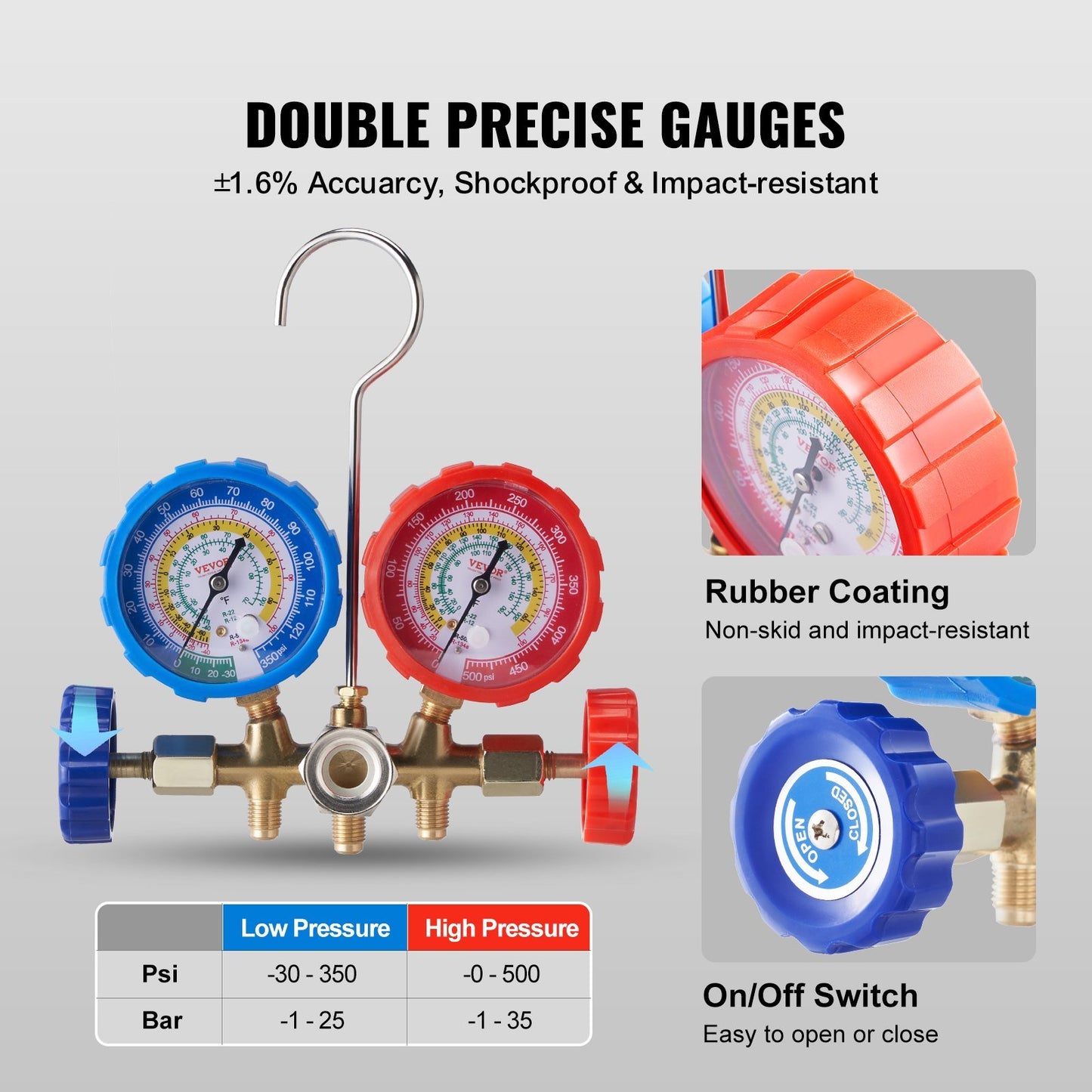 VEVOR AC Gauge Set - 3 Way AC Manifold Gauge Set for R134A R22 R12 R502 Refrigerant, Freon Gauges with 5ft Hoses, Couplers, Can Tap Works on Car Auto Freon Charging and Evacuation