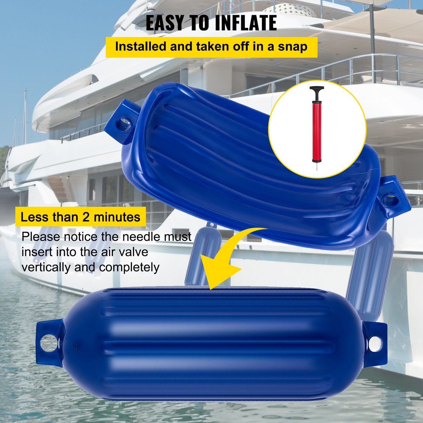 VEVOR Ribbed Twin Eyes Boat Fender Pack of 4 and Pump to Inflate (Blue,8.5 x 27 inches)