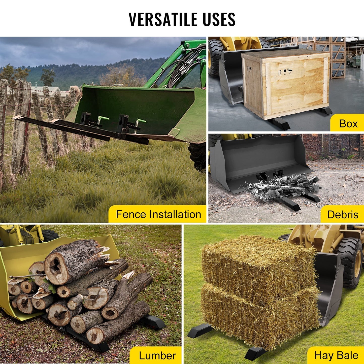 VEVOR Pallet Forks 43" 2000 Lbs Max, Clamp On Tractor Bucket Forks with Adjustable Stabilizer Bar, Heavy Duty Front Loader Forks 60" Total Length, Fork Attachment for Skid Steer,Loader Bucket