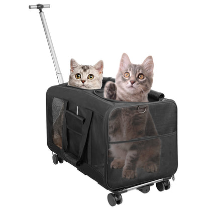 Double-Compartment Pet Rolling Carrier Cat Dog Rolling Carrier with Detachable Wheels Telescopic Handle Adjustable Shoulder Strap