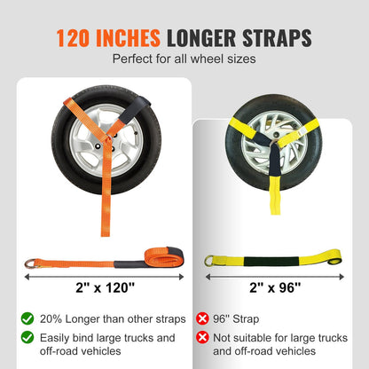 VEVOR Car Tie Down with Chain Anchors, Lasso Style 2"×120" Tire Straps, 5865 LBS Working Load, 11023 LBS Breaking Strength, with Heavy Duty Ratchets for Passenger Car, ATV, SUV, UTV, Truck, 4-Pack