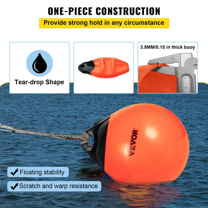 VEVOR Boat Buoy Balls, 15" Diameter Inflatable Heavy-Duty Marine-Grade PVC Marker Buoys, Round Boat Mooring Buoys, Anchoring, Rafting, Marking, Fishing, Orange