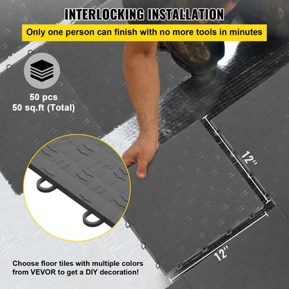 VEVOR Garage Tiles Interlocking, 12'' x 12'', 50 pcs, Graphite Grey Garage Floor Covering Tiles, Non-Slip Diamond Plate Garage Flooring Tiles, Support up to 55,000 lbs for Basements, Gyms