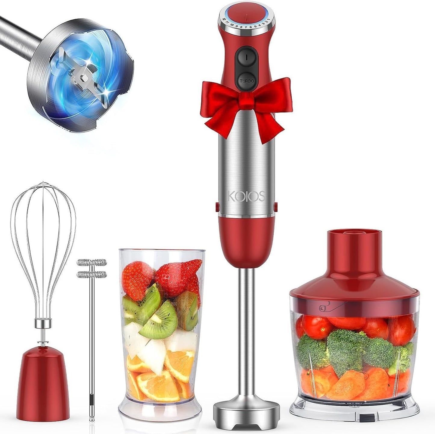 KOIOS 5-in-1 Hand Immersion Blender, 1000W 12 Speed Handheld Blender, Copper Motor Stainless Steel Blade Stick Blender,600ml Mixing Beaker,500ml Food Processor, Whisk, Milk Frother, BPA-Free, Red