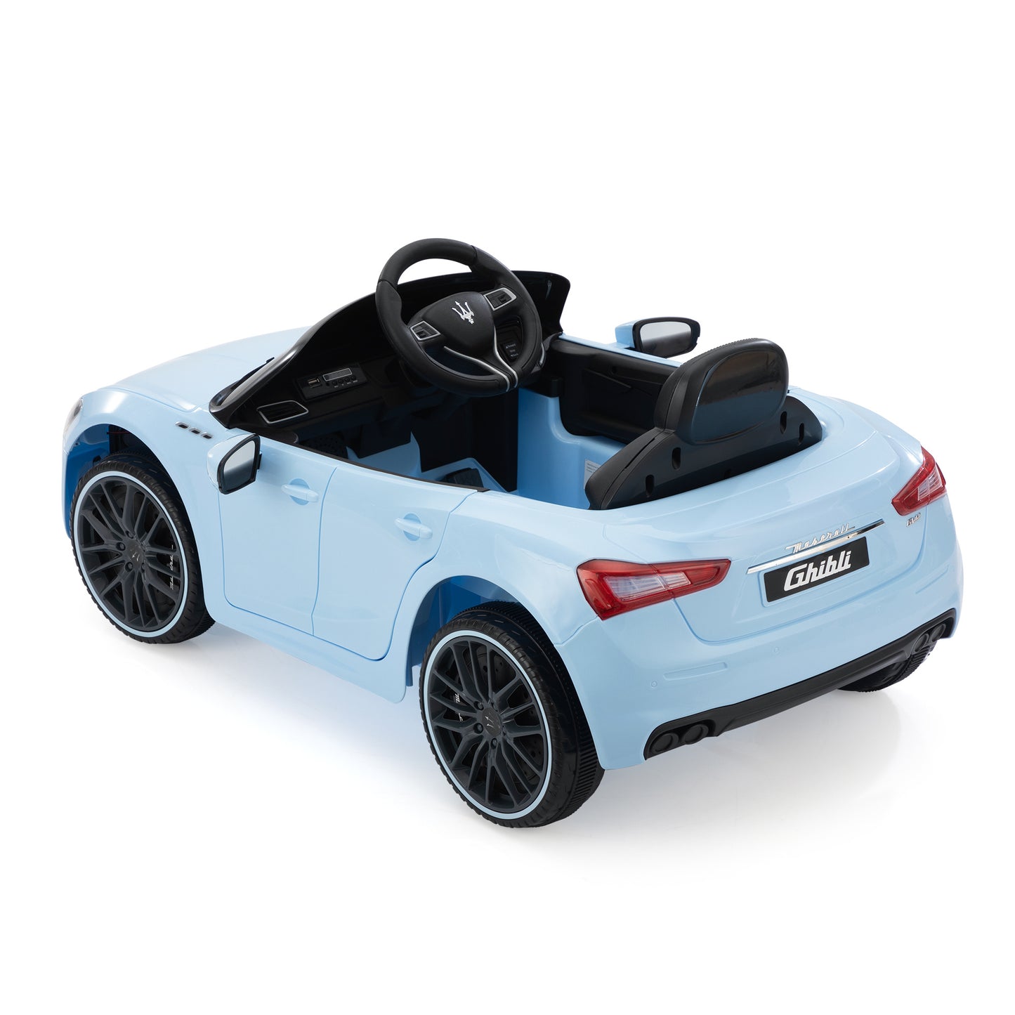 Maserati Ghibli Licensed 12V Kids Ride On Car, Battery Powered Electric Vehicle w/ 2.4G Remote Control, LED Lights, MP3 Music, USB, Horn, Children Age 3-6, Small, Light Blue and Black