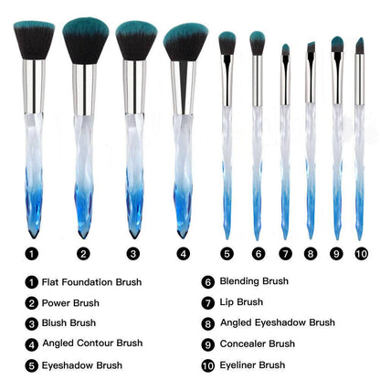 10pcs Professional Makeup Brush with Crystal Handle Foundation Brush (Crystal blue) with 1pcs Wine red Bag