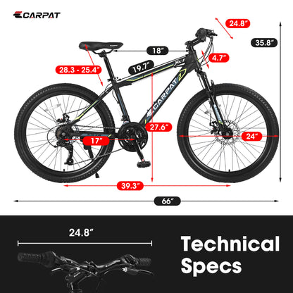 S24102 24 Inch Mountain Bike Boys Girls, Steel Frame, Shimano 21 Speed Mountain Bicycle with Daul Disc Brakes and Front Suspension MTB