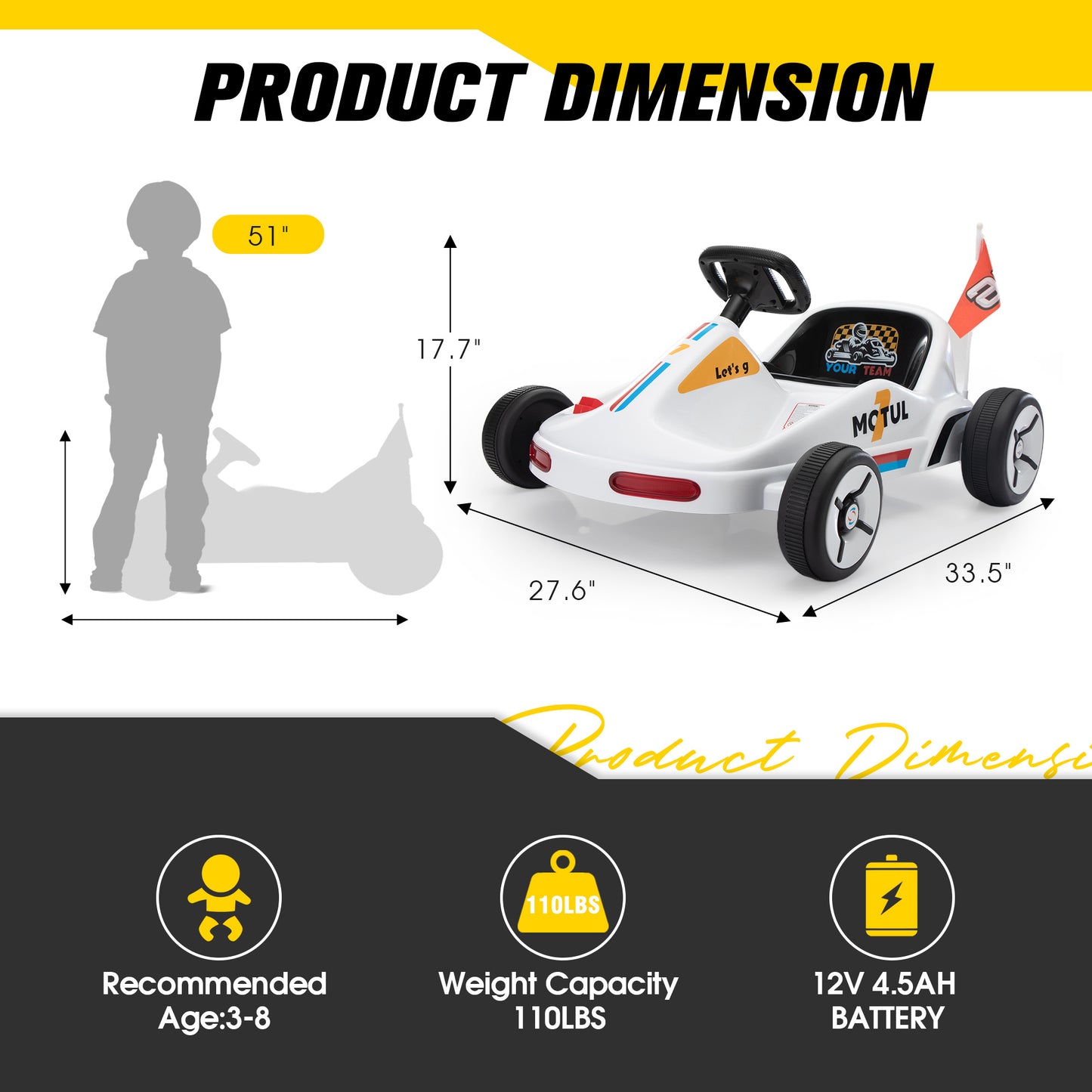 12V Kids Ride On Go Kart, Electric 4-Wheeler Car with Remote Control, Cushioned Seat, LED Lights, MP3 Music, Bluetooth, Pedal Control, Battery Powered Vehicle for 3-8 Years Old, White