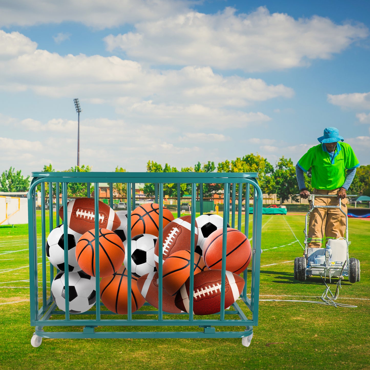 Foldable Mental Sports Ball Storage Cart Rolling Ball Cart with Lid and Wheels Large Capacity Basketballs Organizer for Gym, School, Club, Indoor and Outdoor Equipment Organization