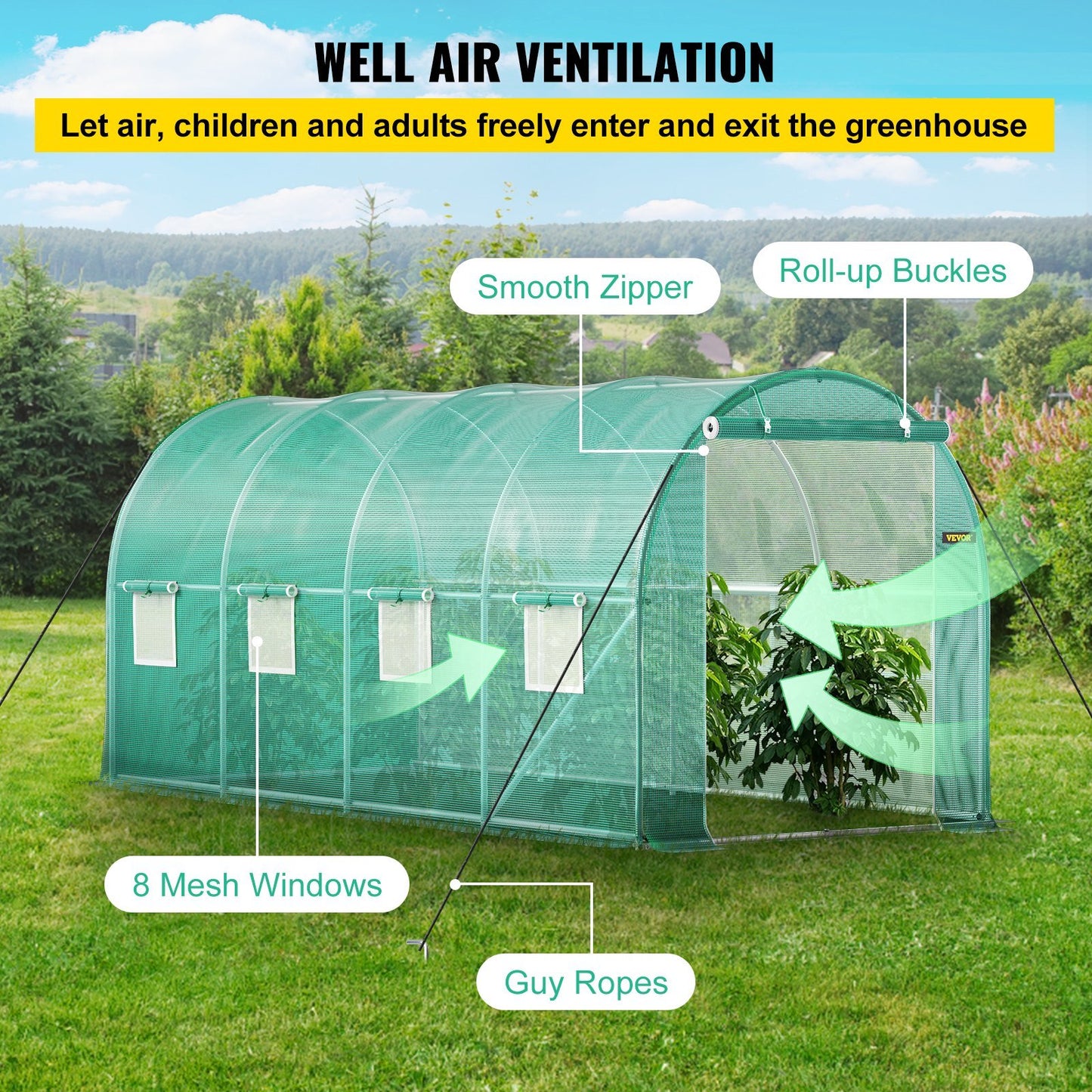 VEVOR Walk-in Tunnel Greenhouse, 14.8x6.6x6.6 ft Portable Plant Hot House w/ Galvanized Steel Hoops, 1 Top Beam, Diagonal Poles, Zippered Door & 8 Roll-up Windows, Green