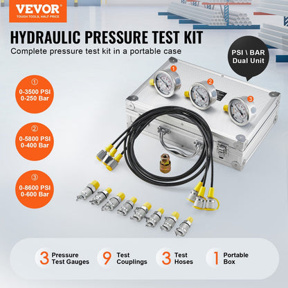 VEVOR Hydraulic Pressure Test Kit, 250/400/600bar, 3 Gauges 9 Test Couplings 3 Test Hoses, Excavator Hydraulic Test Gauge Set with Portable Carrying Case for Excavator Tractors Construction Machinery