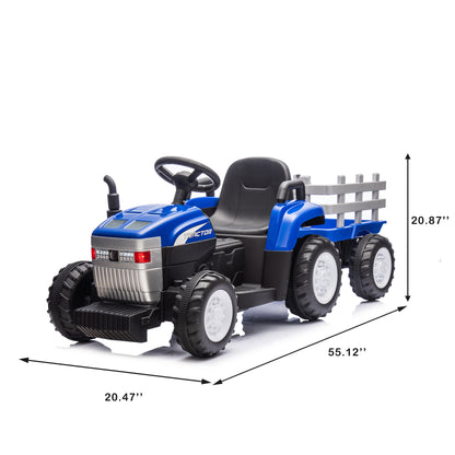 Blue, 12V7AH Battery-Powered Toy Tractor with Trailer, Remote Control, Kids' Electric Excavator Vehicles with 2x35W Dual Motor, Treaded Tires, LED Lights, USB, Music, - Gifts for Boy, Girl