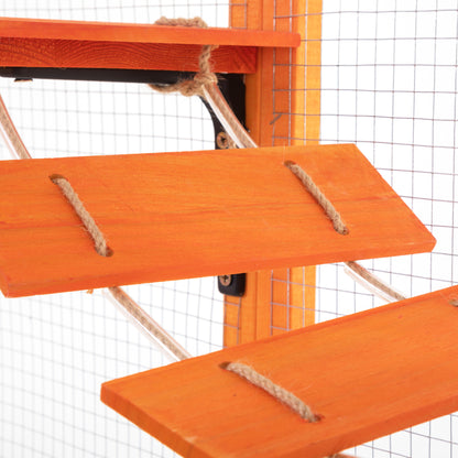 Wooden Cat Enclosure with 6 Jumping Platforms, 2 Cat Condos, Cat Bridge and Scratching Board, Orange