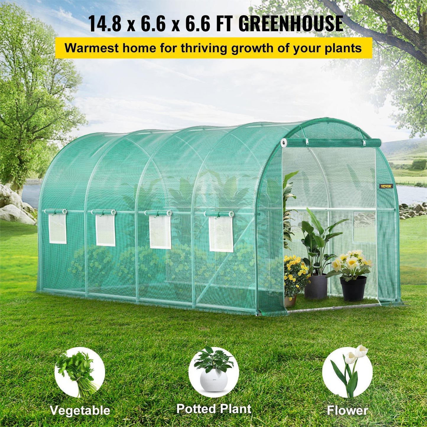 VEVOR Walk-in Tunnel Greenhouse, 14.8x6.6x6.6 ft Portable Plant Hot House w/ Galvanized Steel Hoops, 1 Top Beam, Diagonal Poles, Zippered Door & 8 Roll-up Windows, Green