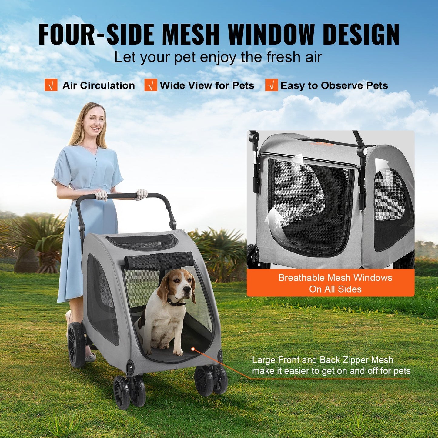 VEVOR Pet Stroller, 4 Wheels Dog Stroller Rotate with Brakes, 160lbs Weight Capacity, Puppy Stroller with Breathable Mesh Windows and Height-Adjustable Height, for Medium and Large Dogs, Dark Grey