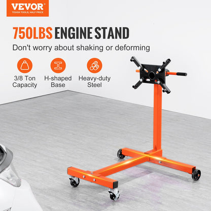 VEVOR Engine Stand, 750 lbs (3/8 Ton) Rotating Engine Motor Stand with 360 Degree Adjustable Head, Cast Iron Motor Hoist Dolly, 4-Caster, 4 Adjustable Arms, for Vehicle Maintenance, Auto Repair