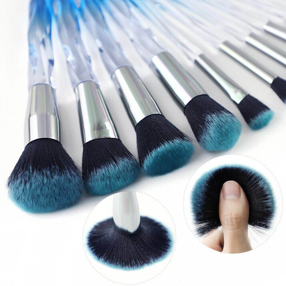 10pcs Professional Makeup Brush with Crystal Handle Foundation Brush (Crystal blue) with 1pcs Wine red Bag