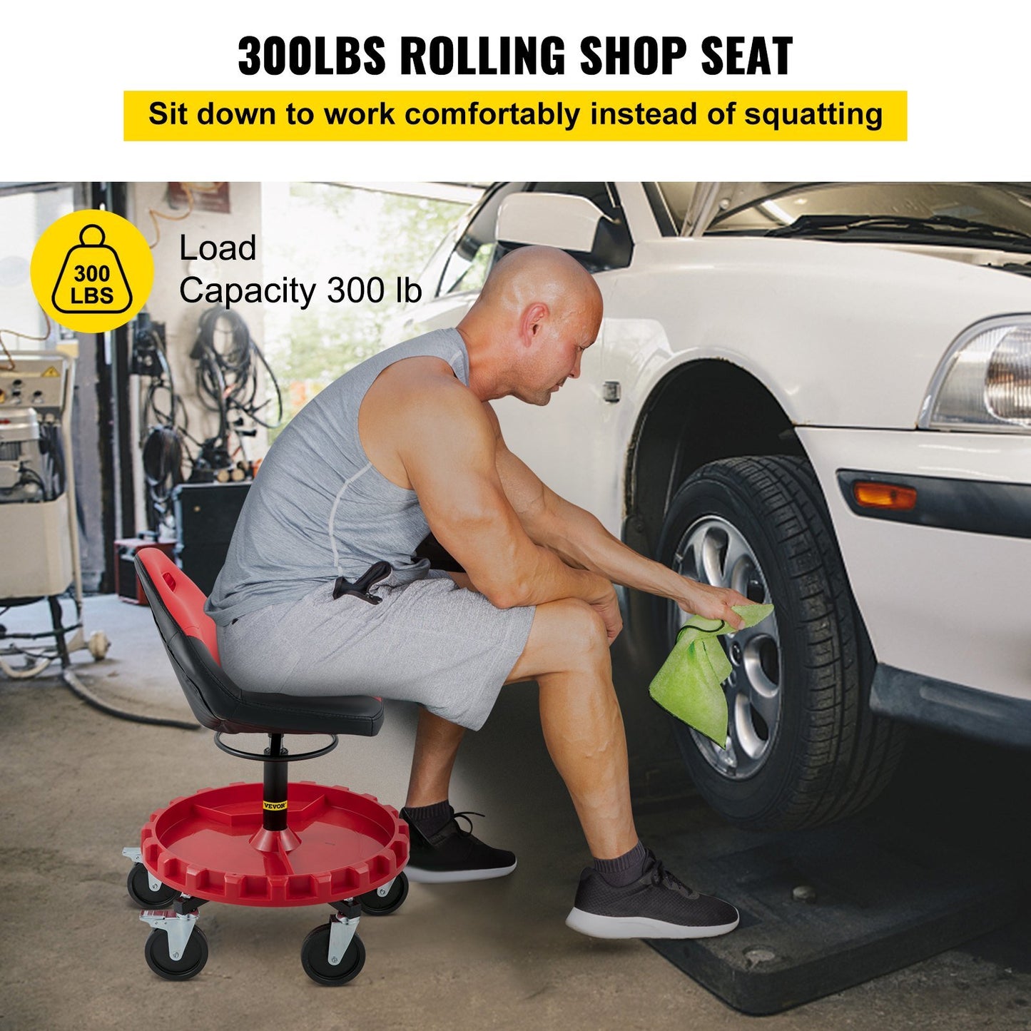 VEVOR Rolling Garage Stool, 300LBS Capacity, 18"-23" Adjustable Height Range, Mechanic Seat with Swivel Casters and Tool Tray, for Workshop, Auto Repair Shop, Red