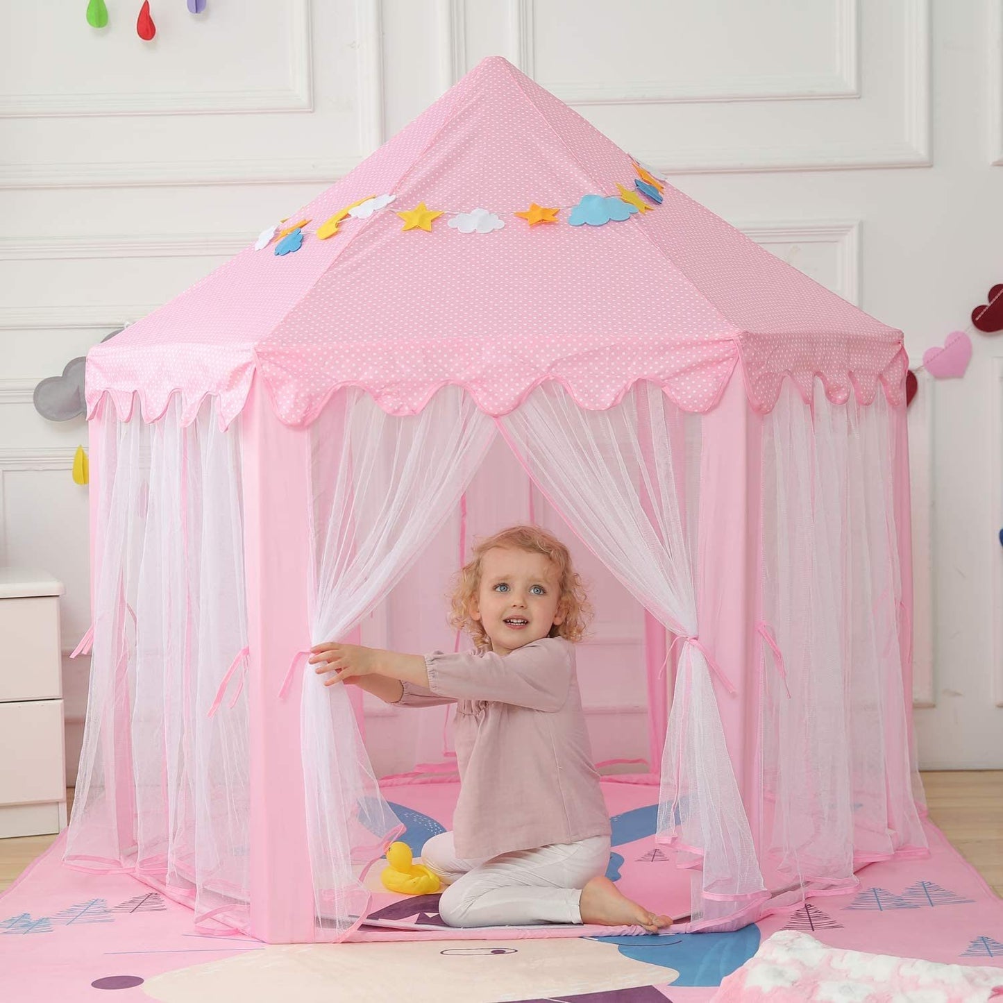 Outdoor Indoor Portable Folding Princess Castle Tent Kids Children Funny Play Fairy House Kids Play Tent(Warm LED Star Lights)