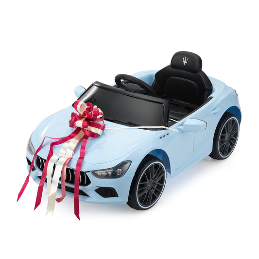 Maserati Ghibli Licensed 12V Kids Ride On Car, Battery Powered Electric Vehicle w/ 2.4G Remote Control, LED Lights, MP3 Music, USB, Horn, Children Age 3-6, Small, Light Blue and Black