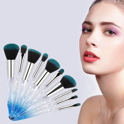 10pcs Professional Makeup Brush with Crystal Handle Foundation Brush (Crystal blue) with 1pcs Wine red Bag