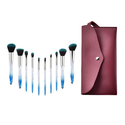 10pcs Professional Makeup Brush with Crystal Handle Foundation Brush (Crystal blue) with 1pcs Wine red Bag