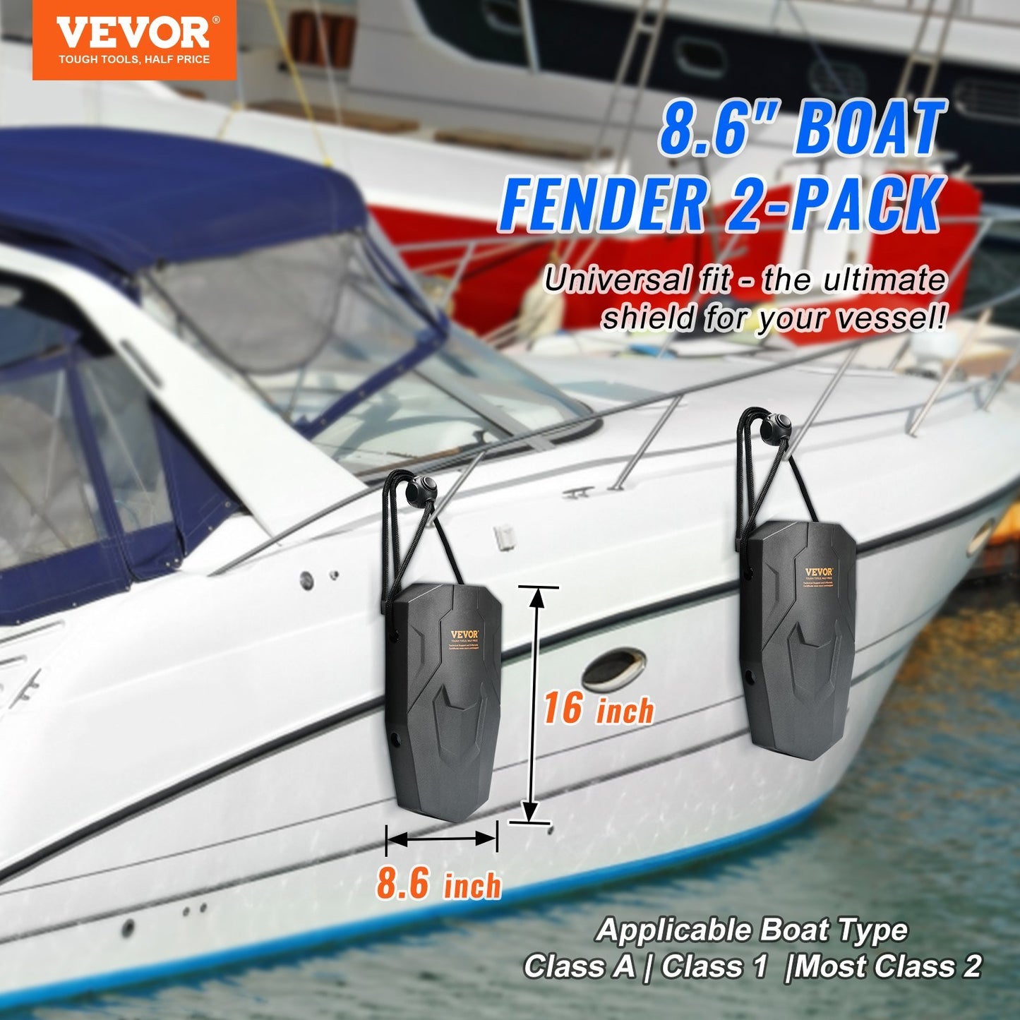 VEVOR Boat Fenders, 8.6" x 16" Boat Bumpers for Docking, Marine EVA Boat Dock Fender Bumper with Ropes, Cord Locks and Storage Bag, No Inflation Required, for Class A/Class 1/Part Class 2, Black