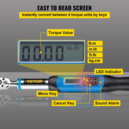 VEVOR Digital Torque Wrench, 3/8" Drive Electronic Torque Wrench, Torque Wrench Kit 1.1-22.12 ft-lbs Torque Range Accurate to ±2%, Adjustable Torque Wrench w/ LED Display and Buzzer, Socket Set & Case