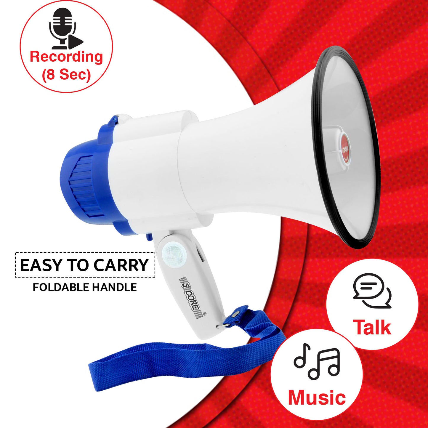 5Core Megaphone Bullhorn Speaker 30W Bull Horn Battery Power Mini Cheer Megafono 800 Feet Range Loudspeaker W Siren Recording Ergonomic Handle for Coaches Football Baseball Cheerleading - 8R